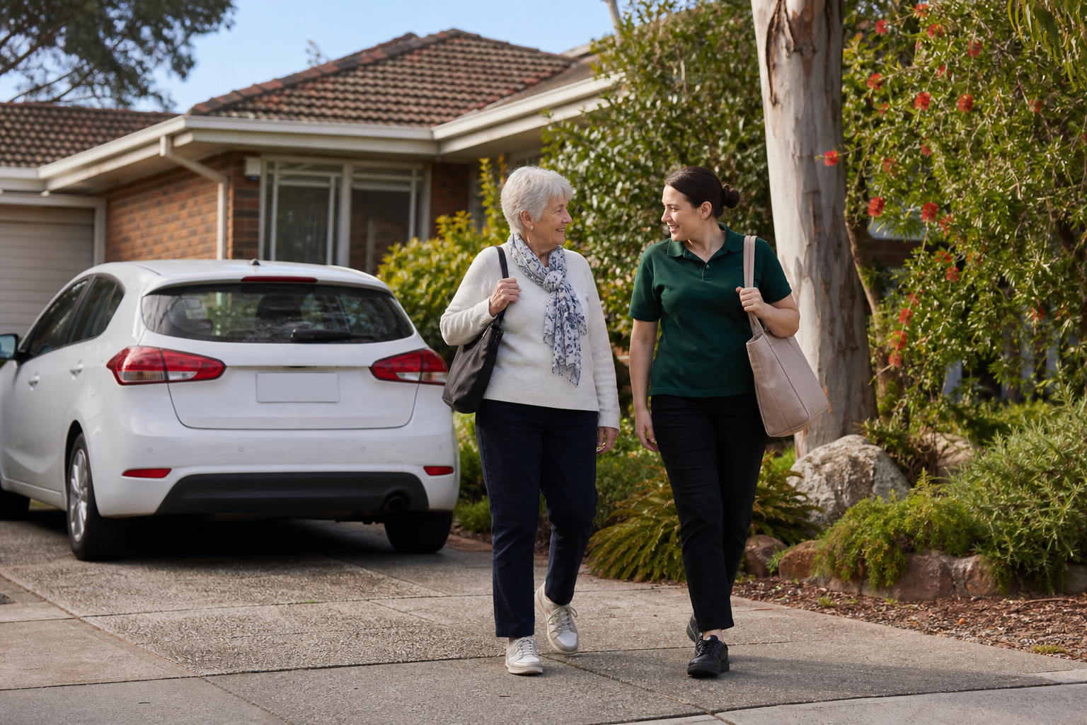 An older Australian woman and her support worker heading out together from a suburban home