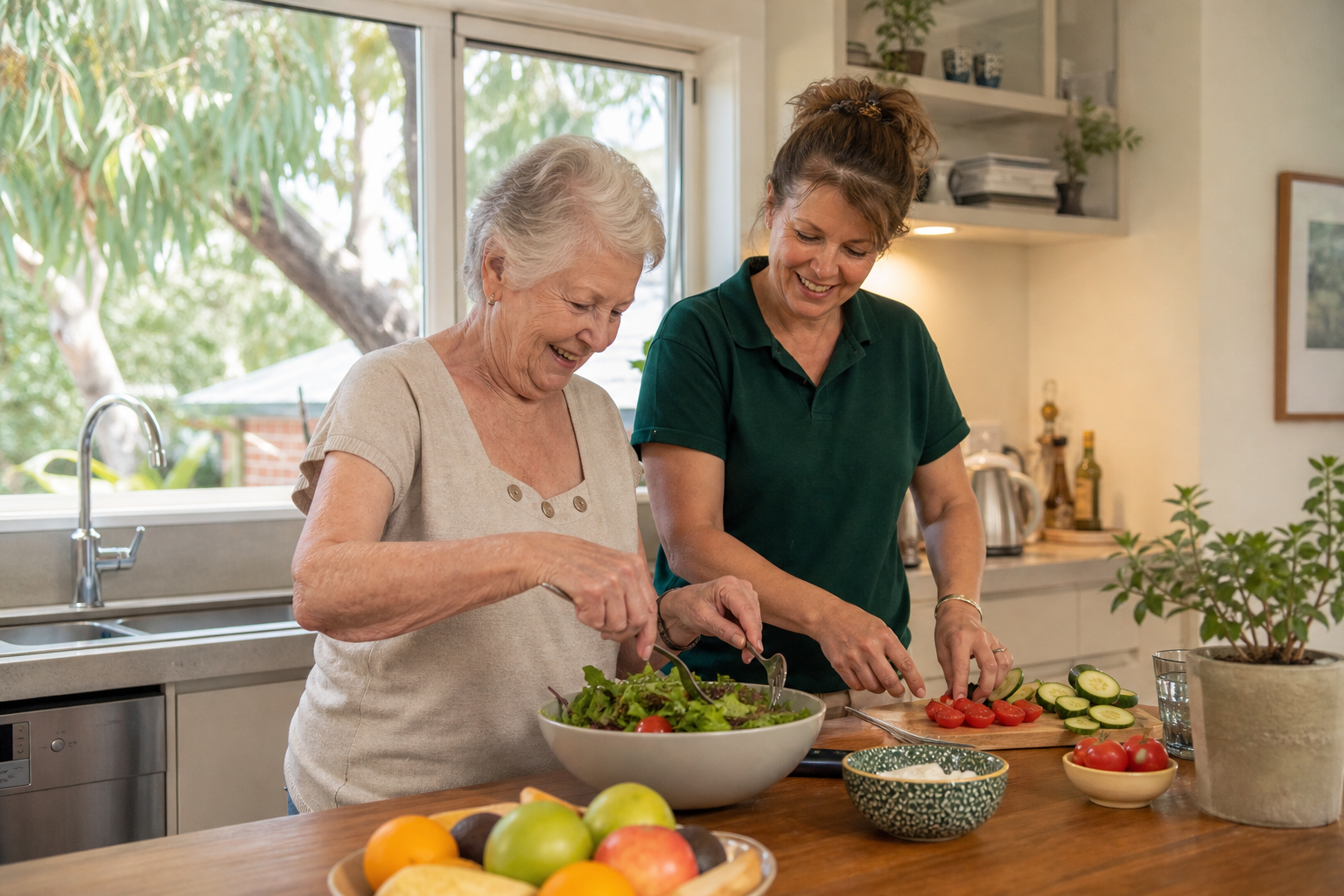 An older Australian woman preparing lunch with her support worker in a suburban kitchen