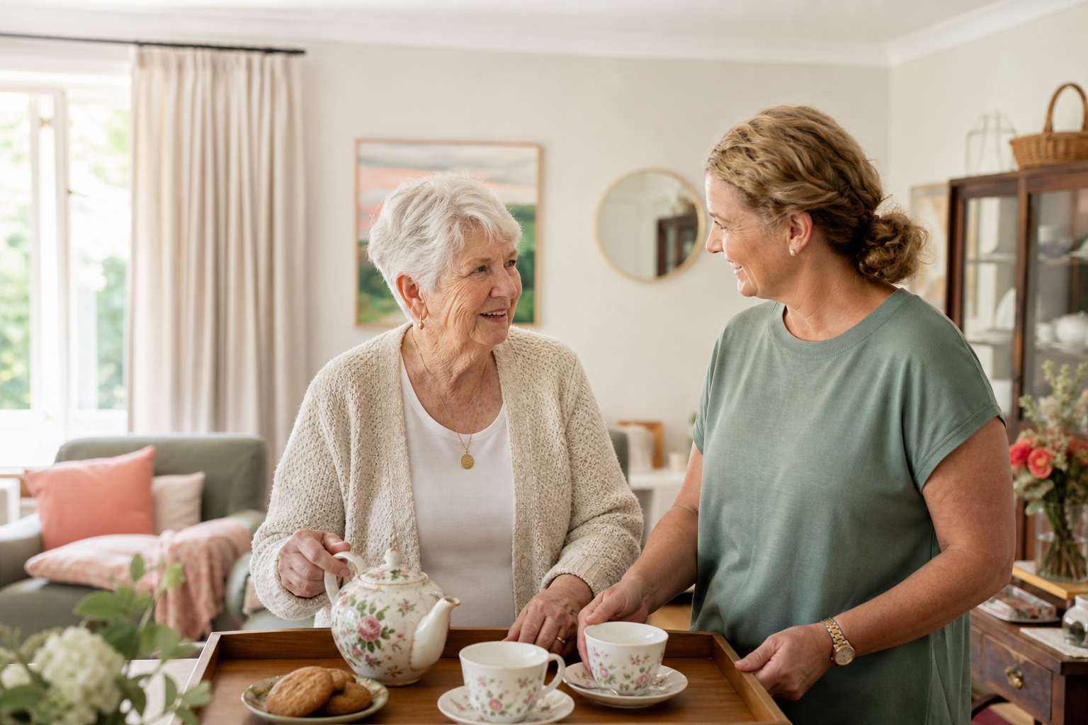 An older woman and her home-care worker preparing tea together at home